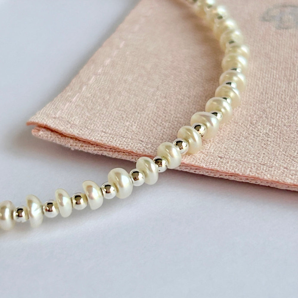 Tiny Button Pearl Bracelet - Sterling Silver | June Birthstone | New Beginnings