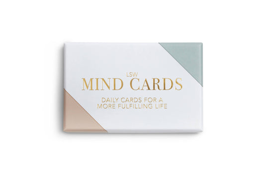 A box of 'LSW Mind Cards' designed for self-care and wellness, featuring a minimalist cover with title text and color blocks in white, green, and peach.