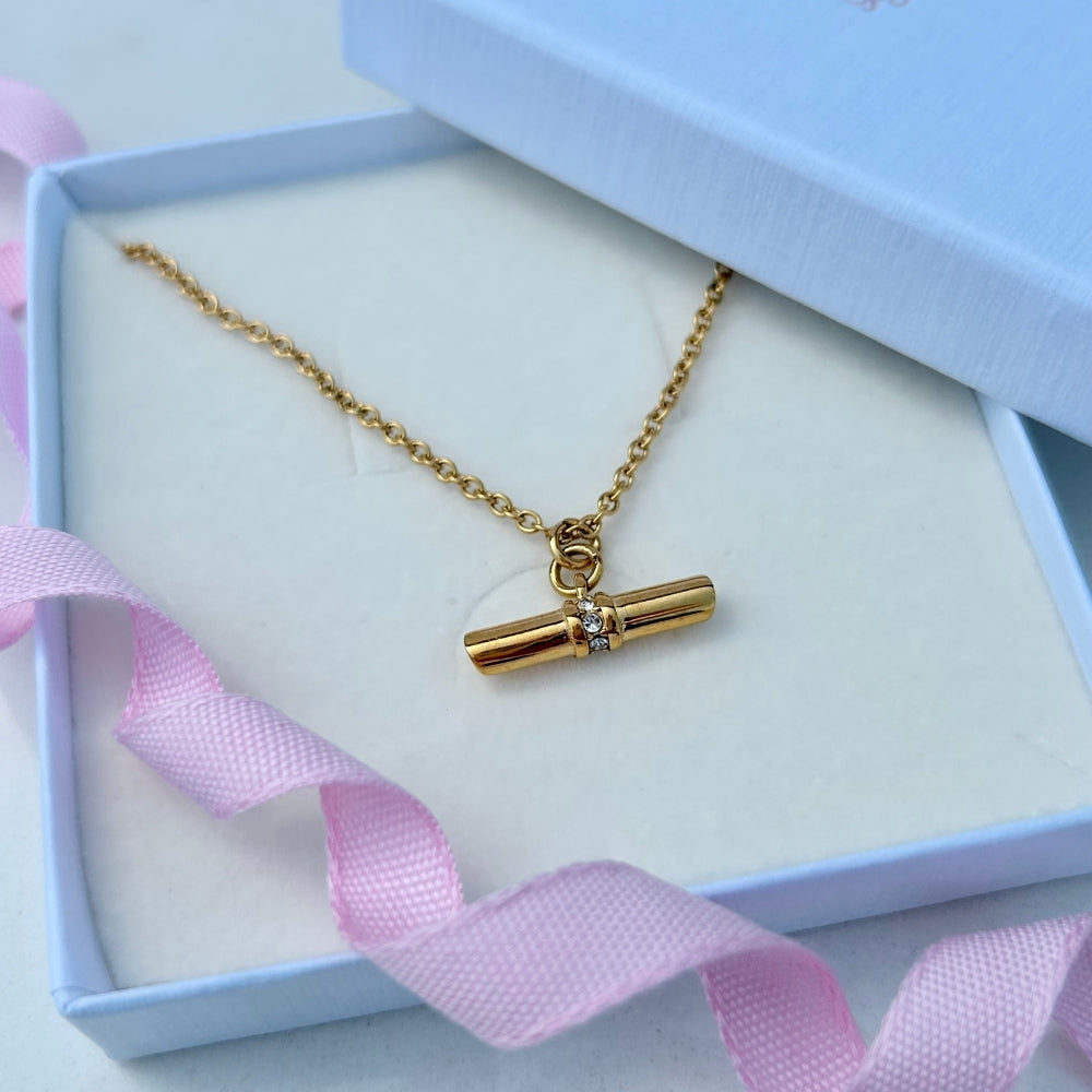 Gold PVD Plated Sparkly T-Bar Necklace