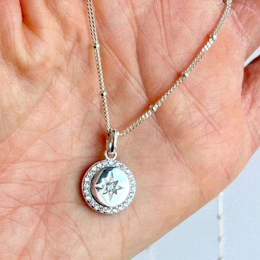 Sterling Silver Sparkly Pole Star Disc Pendant