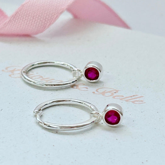 Sterling Silver Crystal Charm Drop Hoop Earrings - Fuchsia Pink