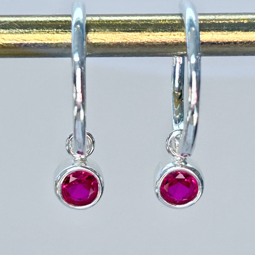 Sterling Silver Crystal Charm Drop Hoop Earrings - Fuchsia Pink