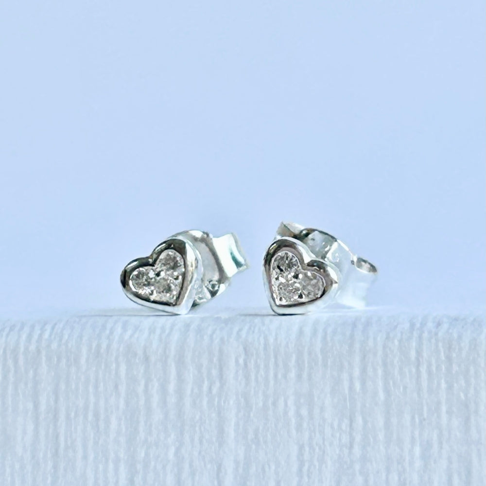 Tiny Sparkly Sterling Silver Heart Studs | Love & Friendship